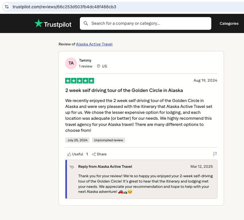 Screenshot of a Trustpilot review for Alaska Active Travel by Tammy  praising a 2-week self-driving tour of the Golden Circle in Alaska.