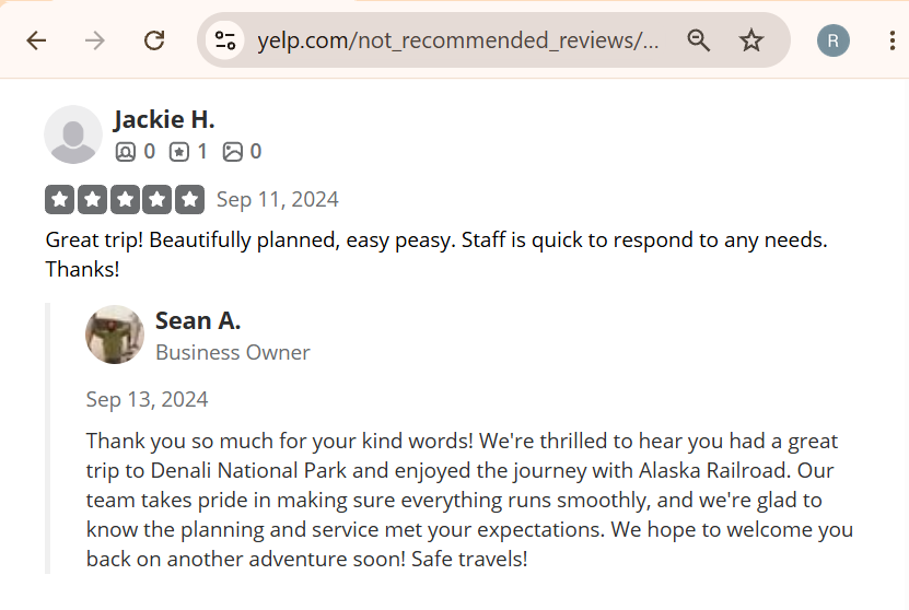 Screenshot of a Yelp review by Jackie H. praising a well-planned trip with responsive staff, trip to Denali National Park and Alaska Railroad went smoothly.