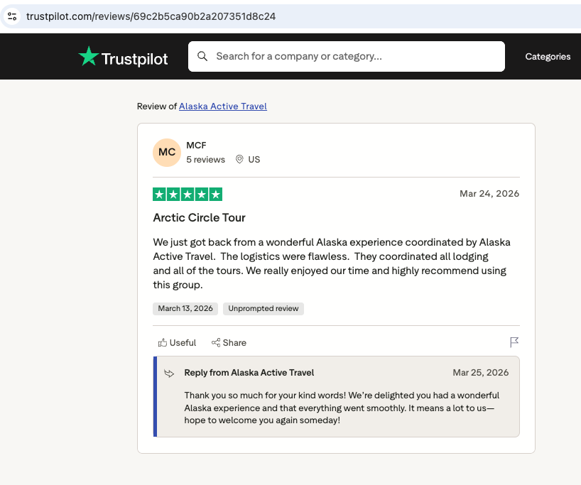 Screenshot of a Trustpilot review for Alaska Active Travel.  gives a five-star rating and praises the flawless logistics and
