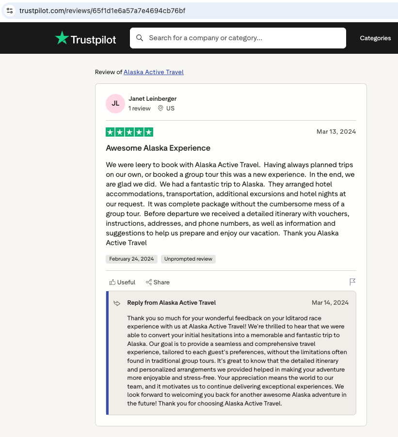 Screenshot of a Trustpilot review for Alaska Active Travel showing a five-star rating and a positive customer review praising the seamless, personalized Alaska trip experience,