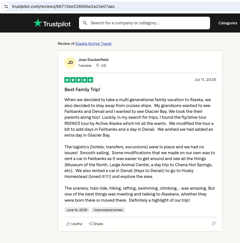 Screenshot of a Trustpilot review by Joan Duckenfield , giving a five-star rating to Alaska Active Travel.