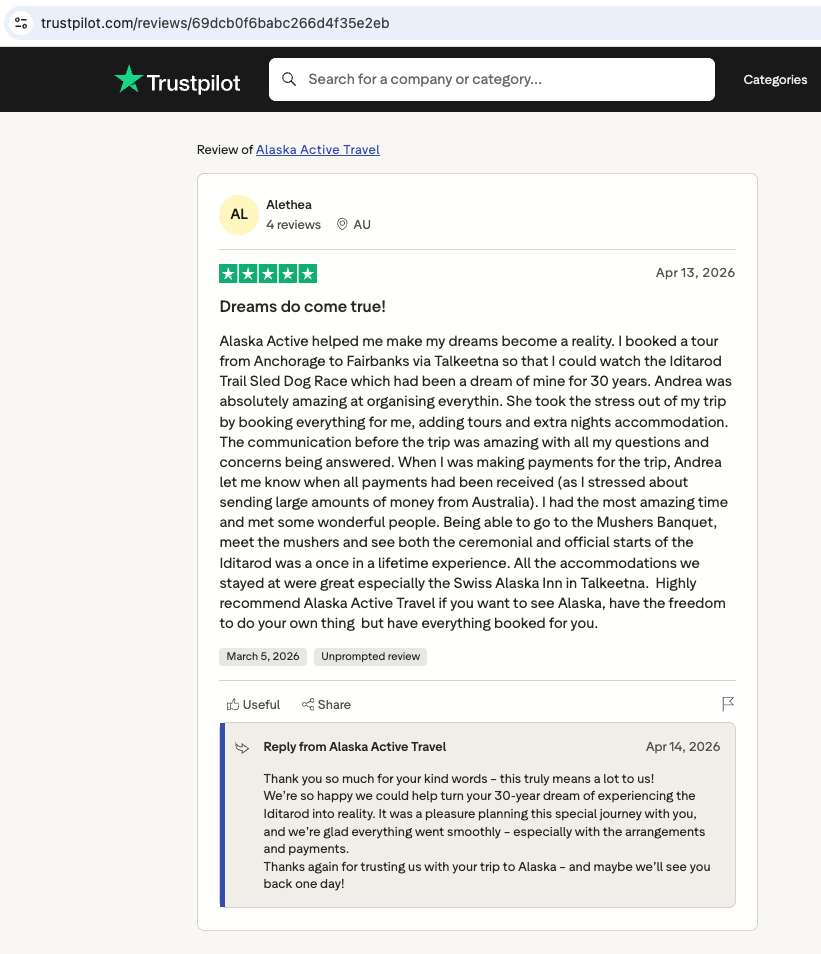 Screenshot of a Trustpilot review for Alaska Active Travel by a customer named Alethea from Australia. The review praises the company for organising a trip to Alaska to attend the Iditarod Trail Sled Dog Race