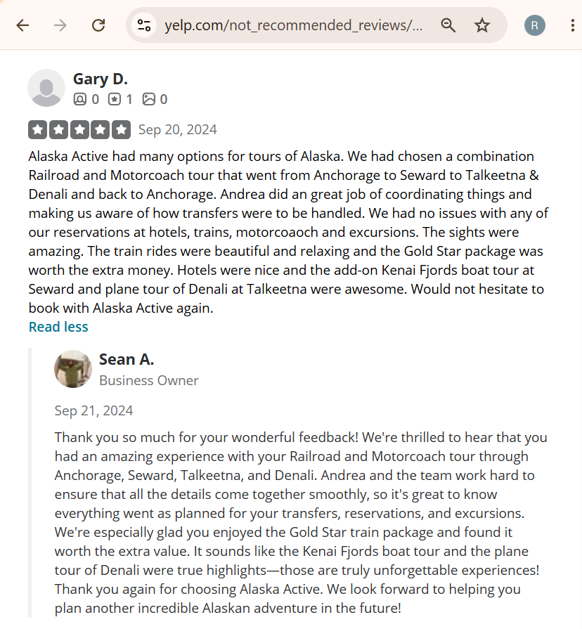 Screenshot of a five-star Yelp review by Gary D. praising Alaska Active's Alaska tours, including railroad and motorcoach trips, hotel reservations, and additional boat and plane tours.