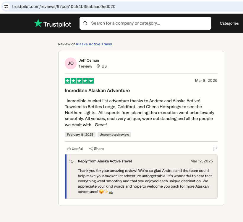 Screenshot of a Trustpilot review for Alaska Active Travel by Jeff Osmun  The review gives five stars and describes an incredible Alaskan adventure visiting Bettles Lodge, Coldfoot, and Chena Hotsprings to see the Northern Lights.