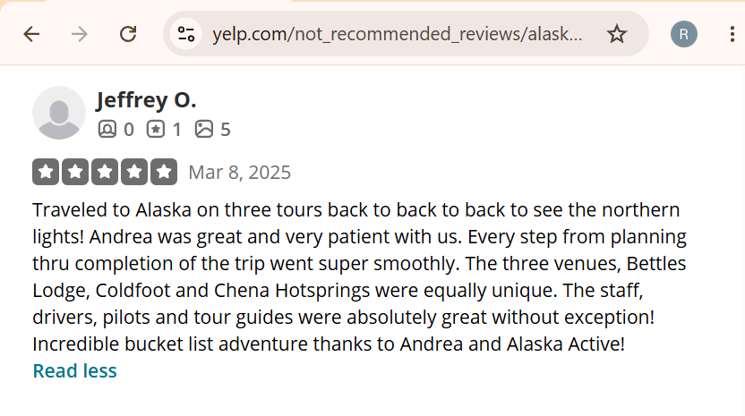 Screenshot of a five-star review by Jeffrey O. praising three back-to-back tours in Alaska to see the northern lights, mentioning great service from Andrea and staff, smooth trip planning, and unique venues including Bettles Lodge, Coldfoot, and Chena Hotsprings.