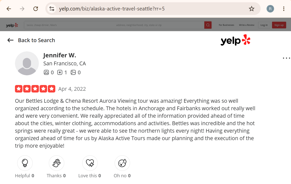Screenshot of a Yelp review by Jennifer W. from San Francisco praising Alaska Active Tours for a well-organised Bettles Lodge and Chena Resort Aurora Viewing tour,