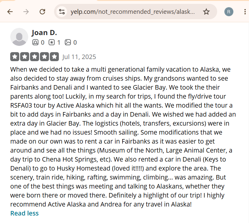Screenshot of a detailed customer review praising a multi-generational family vacation to Alaska with Alaska Active, mentioning visits to Fairbanks, Denali, Glacier Bay,