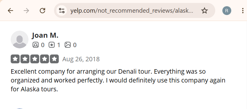 Screenshot of a five-star customer review dated August 26, 2018, praising Alaska Active for perfectly organising a Denali tour and recommending it for Alaska tours.