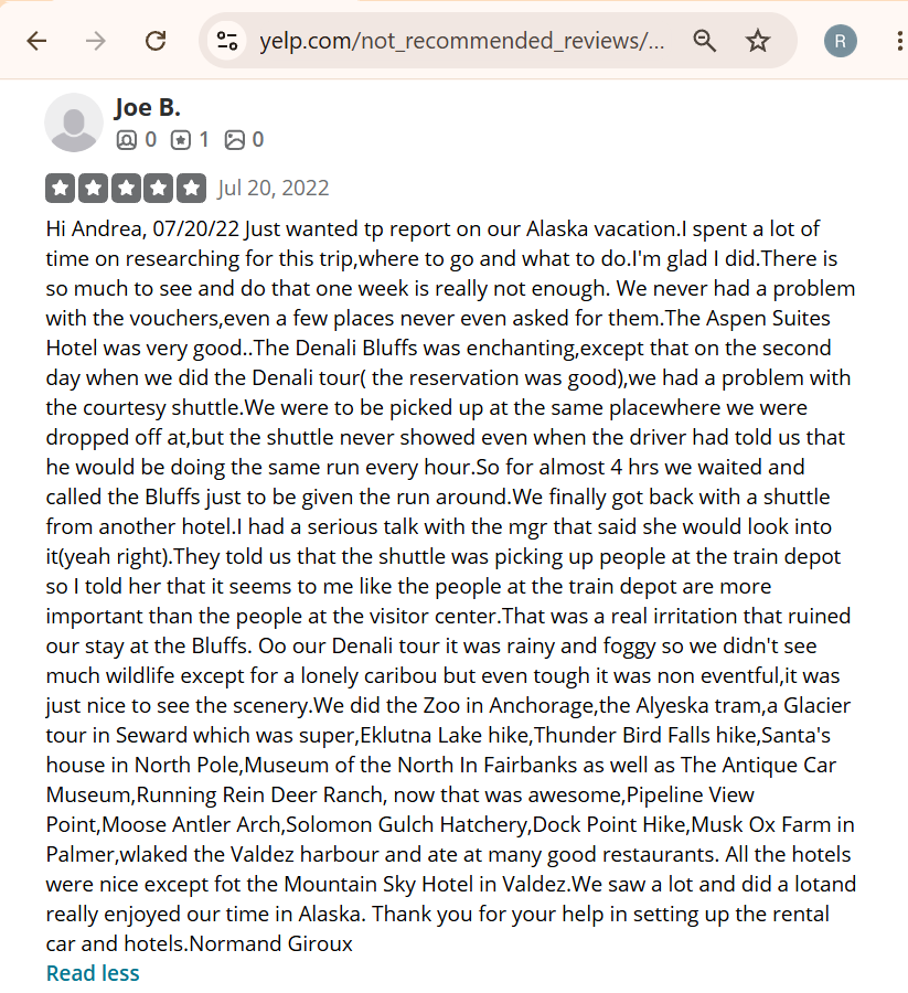 Screenshot of a detailed customer review on yelp about an Alaska vacation, including 5 star rating