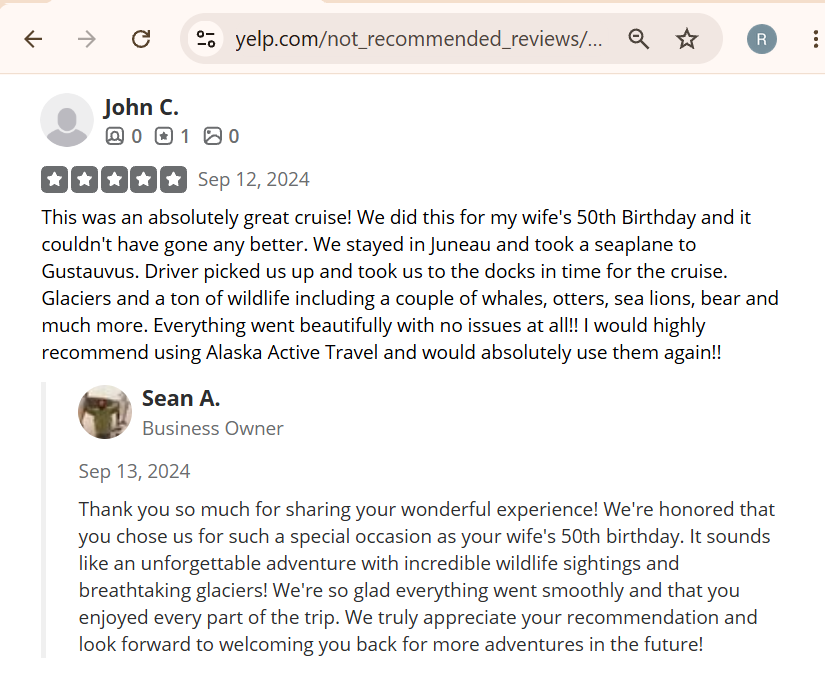 Screenshot of a five-star Yelp review praising an Alaska cruise experience with wildlife sightings and excellent service