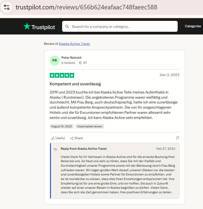 Screenshot of a Trustpilot review for Alaska Active Travel by Peter Reinold, praising the company's reliable and competent service during trips in 2019 and 2023, with a detailed positive reply ...