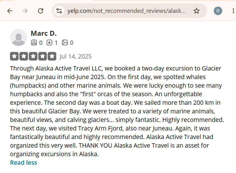 Screenshot of a five-star review by Marc D. praising a two-day Alaska Active Travel excursion to Glacier Bay and Tracy Arm Fjord, highlighting whale and orca sightings, marine animals, beautiful views, and well-organized tours.