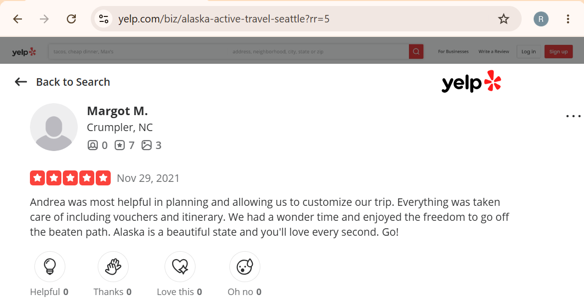 Screenshot of a Yelp review by Margot M. from Crumpler, NC, giving five stars and praising Alaska Active Travel for helpful trip planning, customization, and a wonderful experience in Alaska.