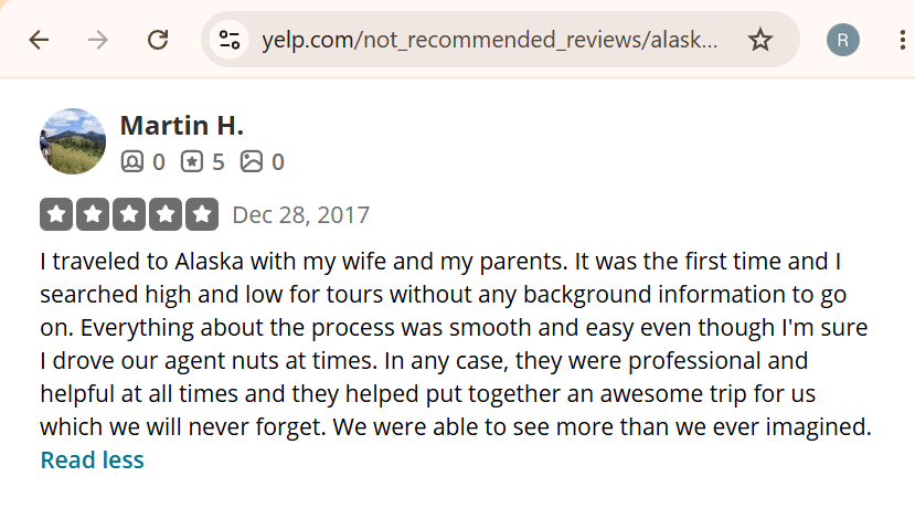 Screenshot of a positive travel review by Martin H. describing a smooth and easy booking process for an Alaska trip