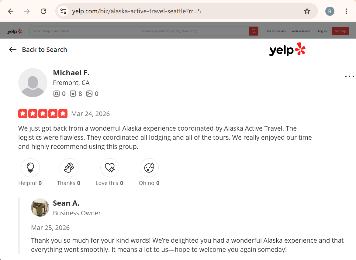 Screenshot of a Yelp review for Alaska Active Travel by Michael F. from Fremont, CA,  giving five stars and praising the flawless logistics and coordination of tours and lodging.