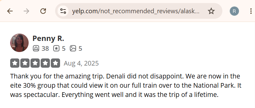Screenshot of a five-star Yelp review by Penny R. dated August 4, 2025, praising a trip to Denali National Park as spectacular and a trip of a lifetime