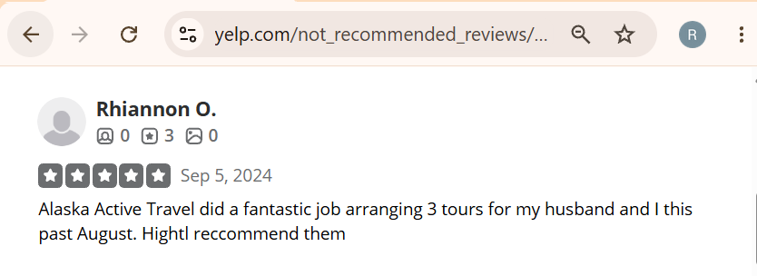 Screenshot of a positive customer review on Yelp praising Alaska Active Travel for arranging three tours in August, recommending their service.
