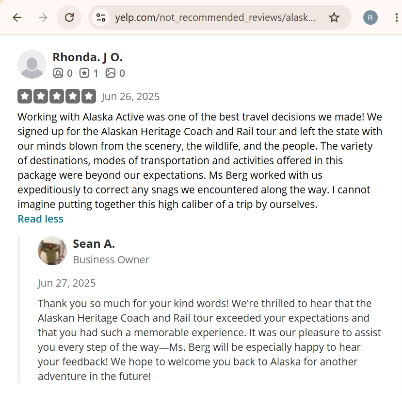 Screenshot of a Yelp review by Rhonda J O dated June 26, 2025, giving a five-star rating for Alaska Active's Alaskan Heritage Coach and Rail tour.