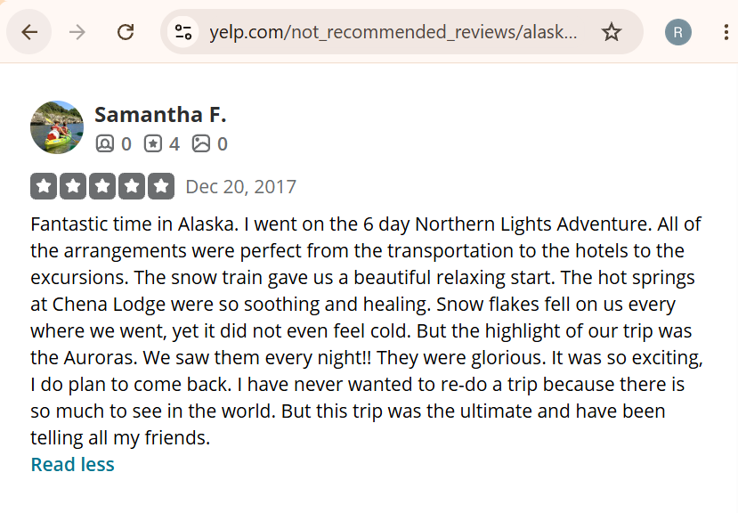 Screenshot of a five-star online review by Samantha F. praising a six-day Northern Lights Adventure trip in Alaska