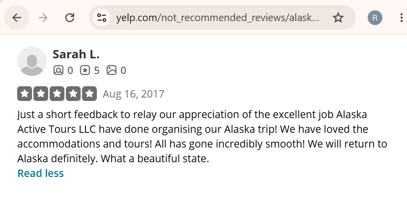 Screenshot of a Yelp review by Sarah L giving five stars and praising  for excellent organisation of an Alaska trip,