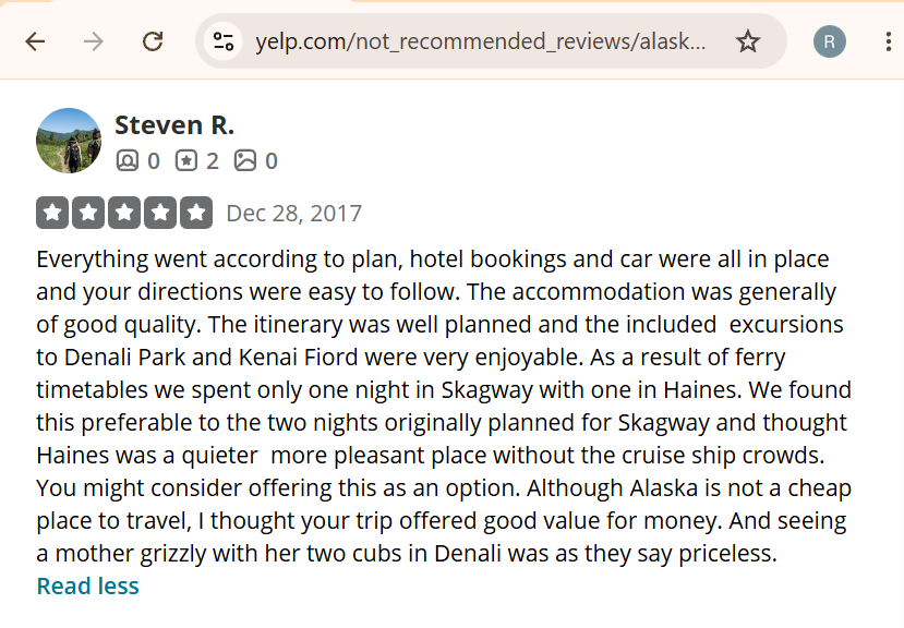 Screenshot of a five-star travel review by Steven R. praising an Alaska trip itinerary including Denali Park, Kenai Fiord, Skagway, and Haines