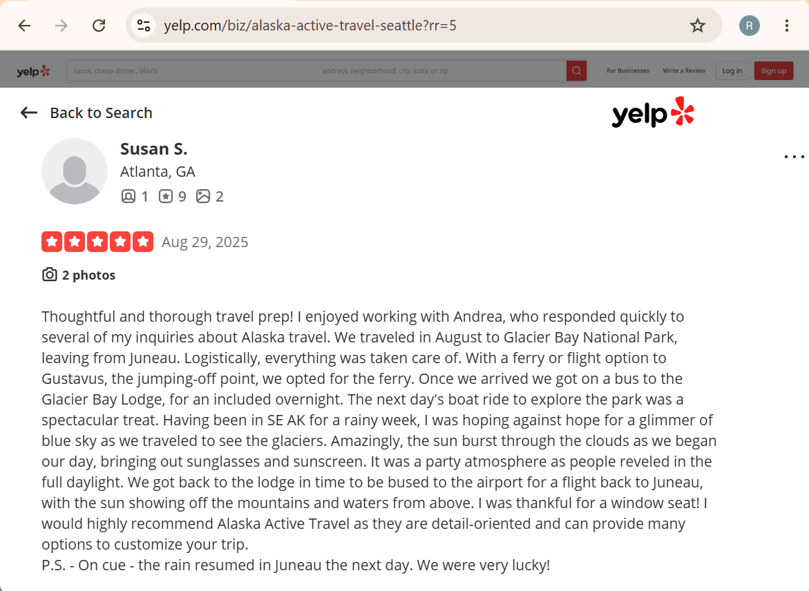 Screenshot of a Yelp review by Susan S. from Atlanta, GA, giving five stars to Alaska Active Travel. The review describes a trip to Glacier Bay National Park in Alaska,