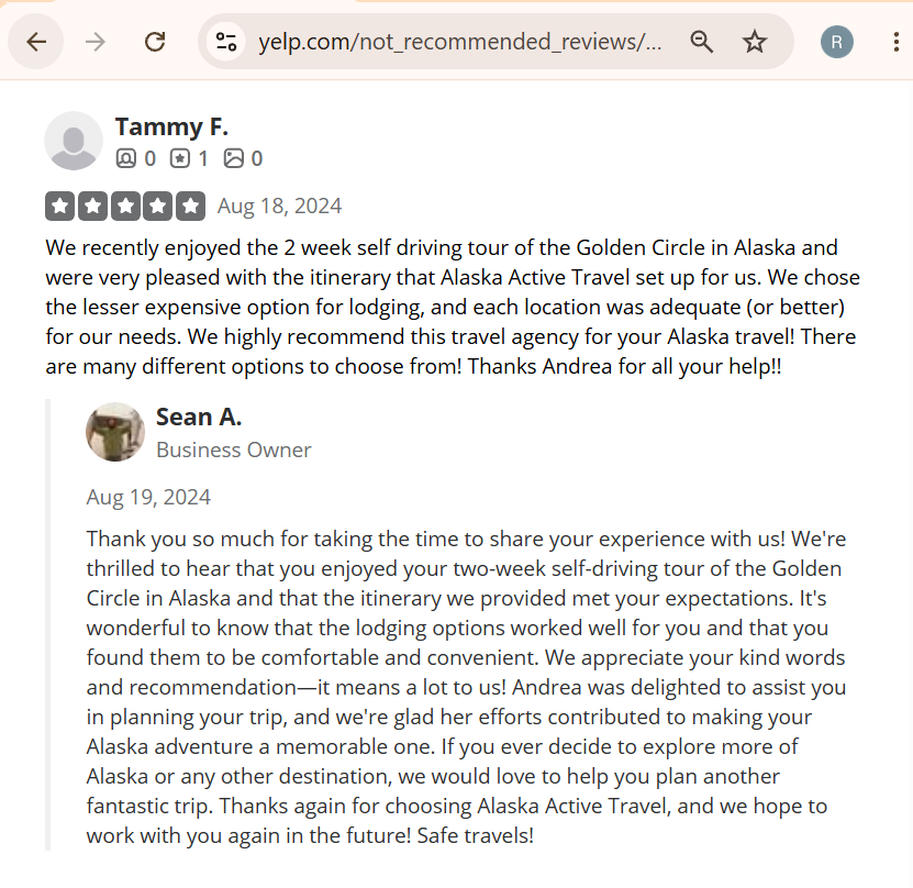 Screenshot of a Yelp review by Tammy F. praising a two-week self-driving tour of Alaska's Golden Circle arranged by Alaska Active Travel