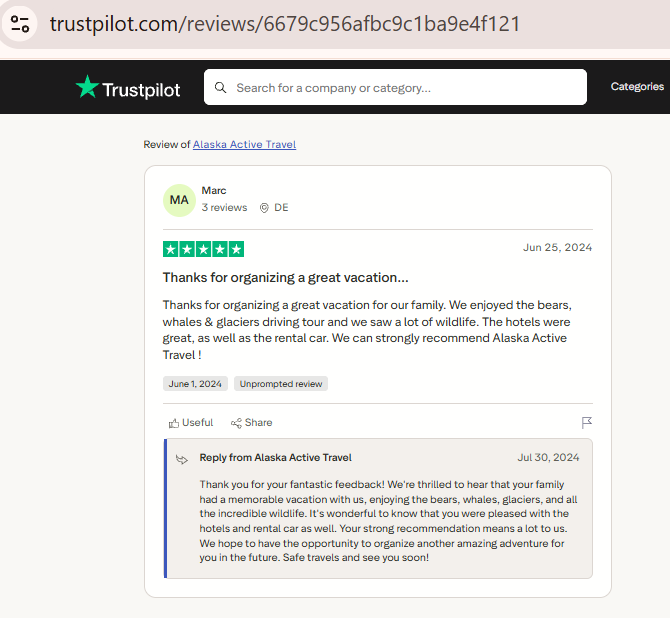 Screenshot of a Trustpilot review for Alaska Active Travel showing a five-star rating from a user named Marc. The review thanks the company for organizing a great family vacation with