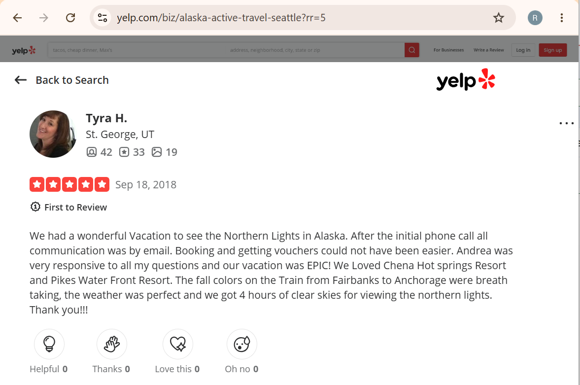 Screenshot of a Yelp review by Tyra H. from St. George, UT, giving five stars for Alaska Active Travel.