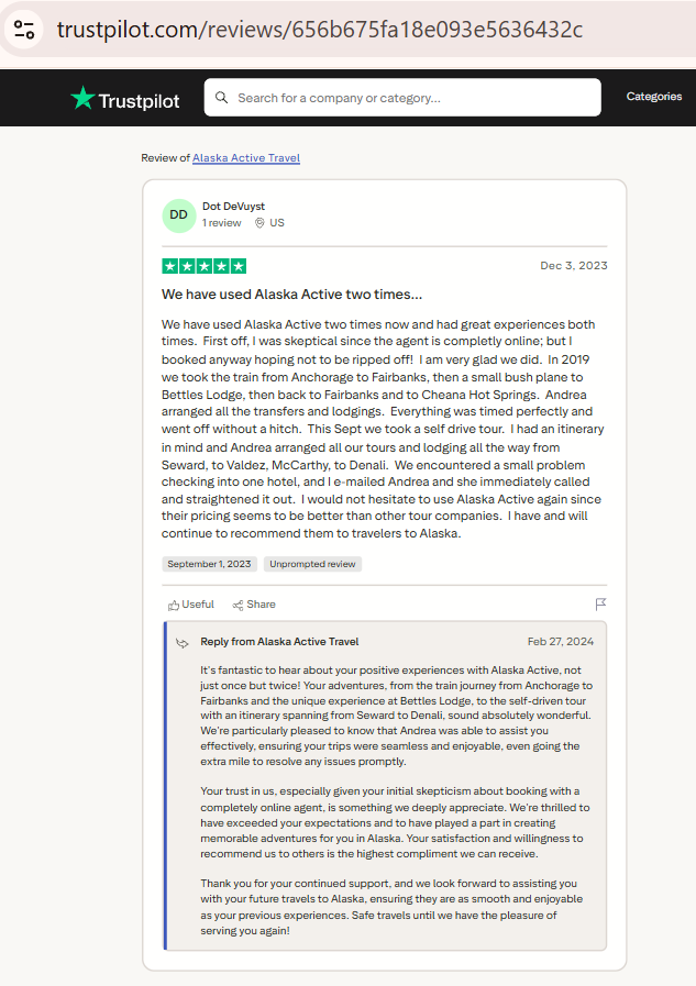 Screenshot of a Trustpilot review for Alaska Active Travel by Dot DeVuyst, sharing positive experiences with multiple trips and praising the service.