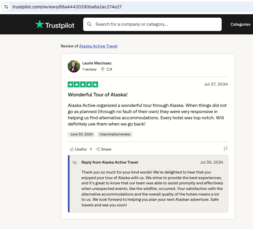 Screenshot of a Trustpilot review for Alaska Active Travel. Reviewer Laurie MacIsaac gives a five-star rating and praises the company for organizing a wonderful Alaska tour,